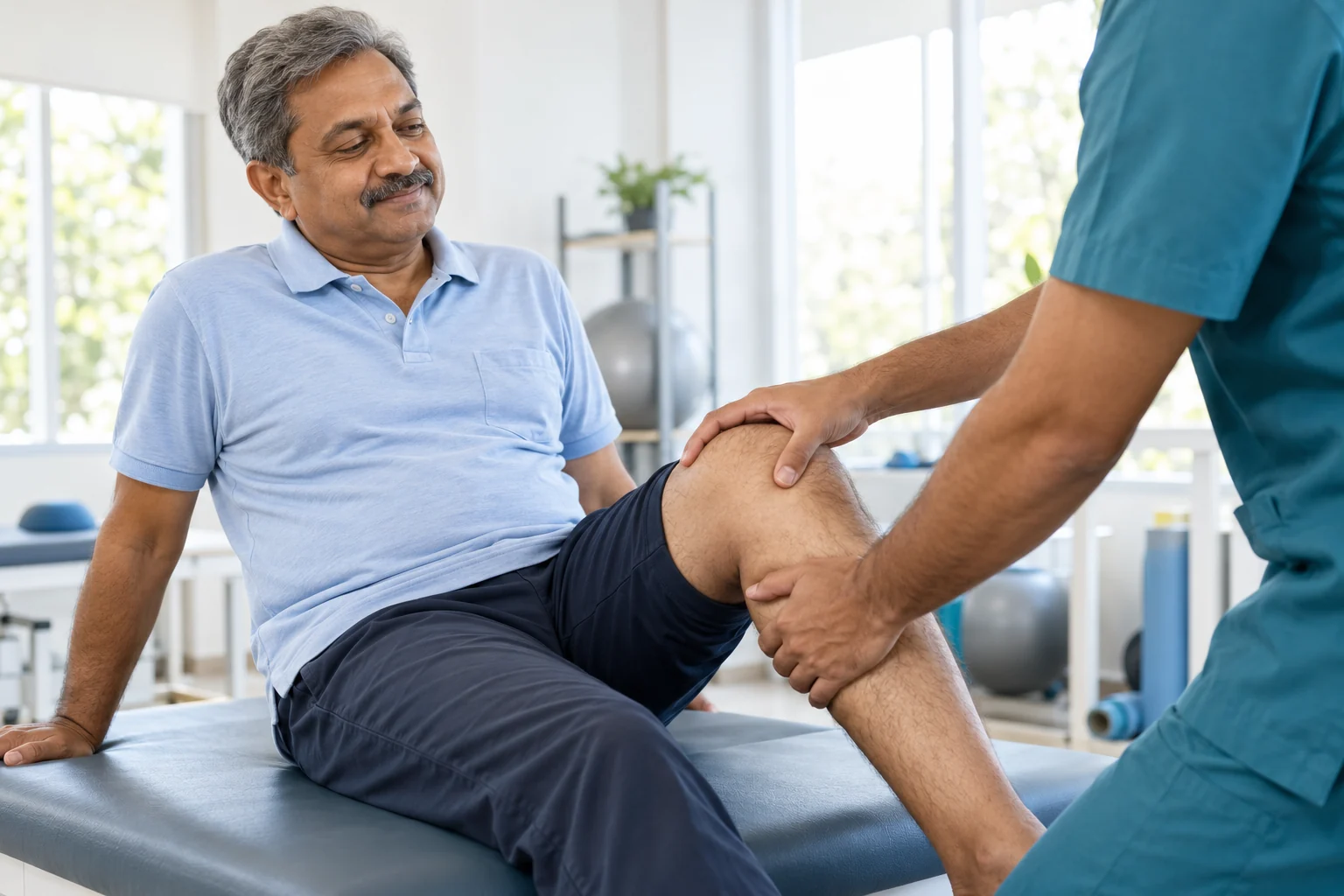 Illustrative photograph of a clinician assessing a patient’s knee